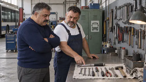 A stocky mechanic in dark blue overalls rests a finger beside a torque wrench in a neat line of tools on a cloth at a steel workbench while a heavyset mechanic in a navy sweater nods with folded arms in even overhead light.