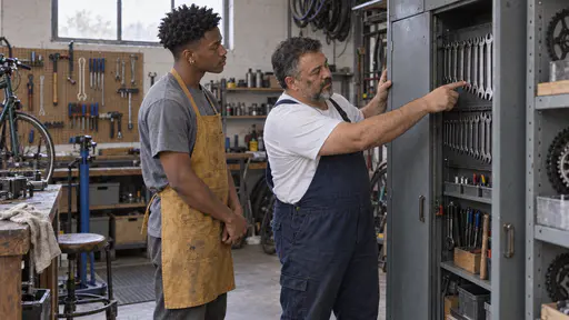 A stocky mechanic with a short grey beard in dark blue overalls opens a tall grey tool locker and points to a row of hung spanners while a tall young man with a coily twist-out in a mustard apron watches with clasped hands in cool early light.