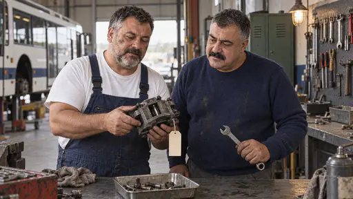 A stocky mechanic in dark blue overalls lifts a half-assembled brake caliper in both hands to show a heavyset mechanic in a navy sweater who holds a plain spanner and nods beside a small tray of bolts on the bench.