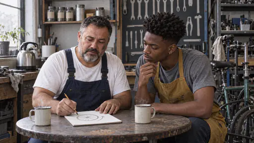 A stocky mechanic with a short grey beard in dark blue overalls draws a simple wheel and arrow pictogram on a blank paper pad while a tall young man in a mustard apron leans in beside him at a small round break-corner table with steaming mugs.