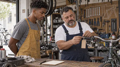 A stocky mechanic with a short grey beard in dark blue overalls ties a plain blank cardboard tag to the handlebar of a repaired bicycle at a wooden counter while a tall young man in a mustard apron watches with his hands behind his back.