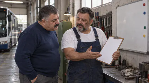 A stocky mechanic in dark blue overalls holds a blank clipboard toward a heavyset mechanic in a navy sweater who leans in with a thoughtful frown beside a blank whiteboard with coloured magnet dots in warm window light.