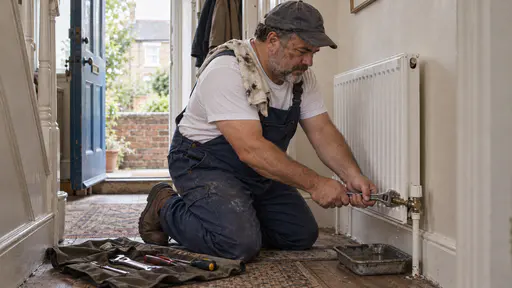 A stocky repair worker with a short grey beard in dark blue overalls and a cap kneels at a radiator valve turning a spanner with both hands while a shallow tray catches a few drops of water beneath the pipe and a folded cloth rests over his shoulder.