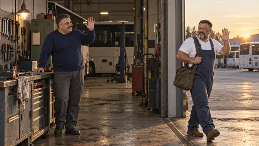 A stocky mechanic in dark blue overalls with a bag on his shoulder waves from a garage door toward a heavyset mechanic in a navy sweater who waves back from inside the lit workshop in low golden evening light.