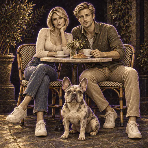 Engraved-style illustration of a couple with a French bulldog at a café terrace table, in umber and gold tones