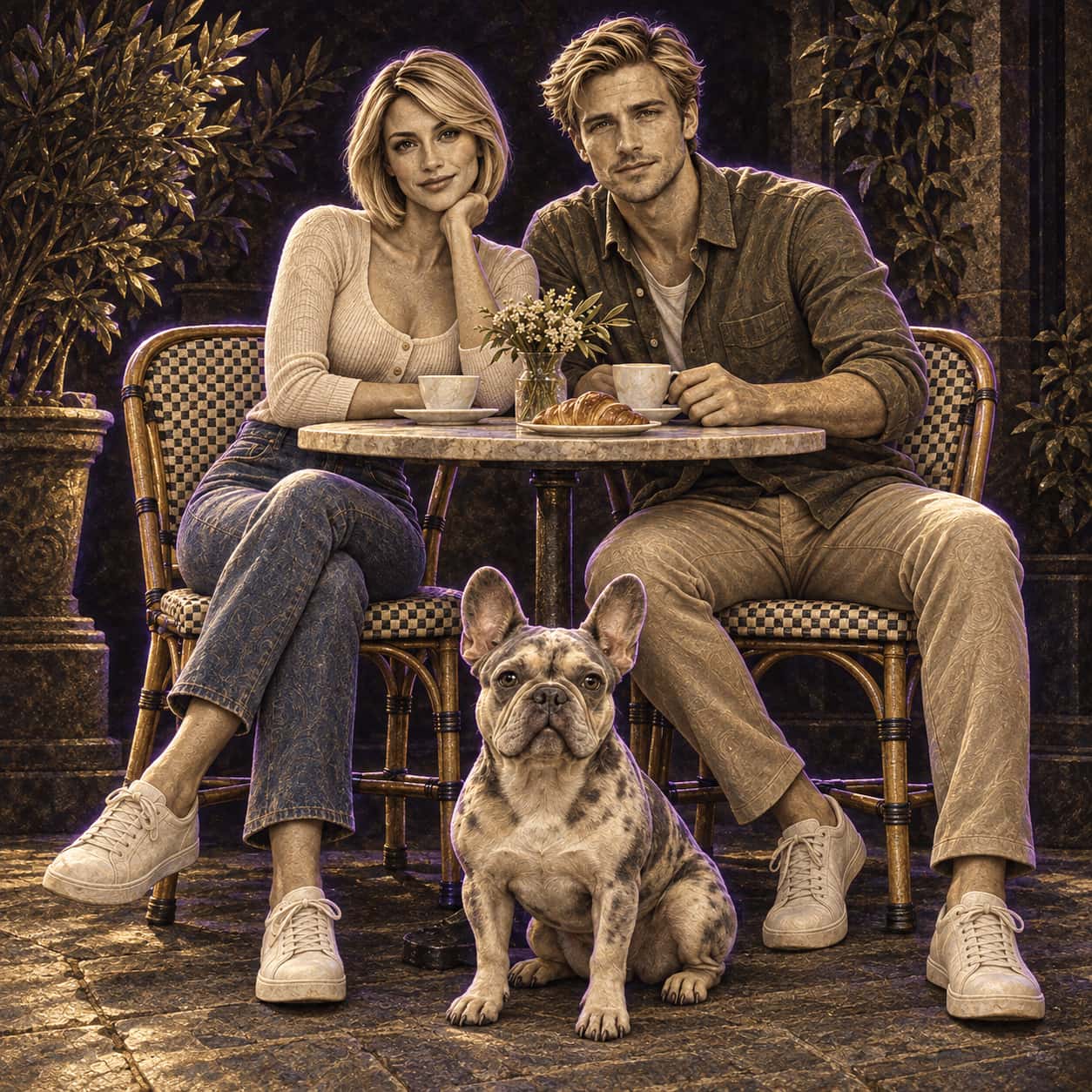 Engraved-style illustration of a couple with a French bulldog at a café terrace table, in umber and gold tones