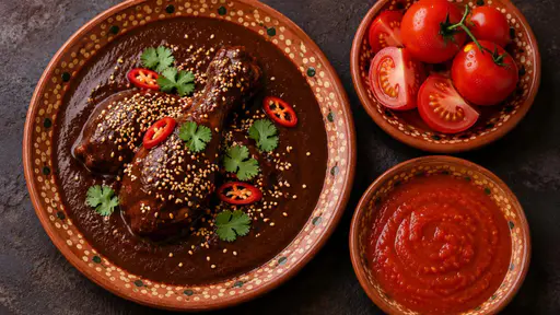 A top-down view of a dark table with mole on a terracotta plate and two small plates beside it.