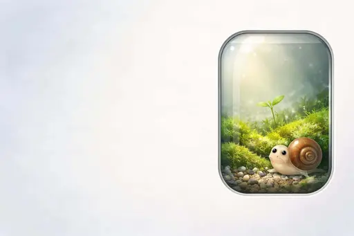 A 3:2 scene with a pale cool gradient and subtle texture on the left, and a rounded-window terrarium at right containing moss, stones, a sprout, and a glossy-shelled snail.