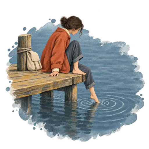 Illustration for testing the waters: a traveler in a terracotta coat sits on a weathered pier edge, one bare toe breaking still slate-blue water as concentric ripples radiate from that single contact point, the other foot resting dry on the planks beside a blank canvas satchel. Trying a small action before committing fully.