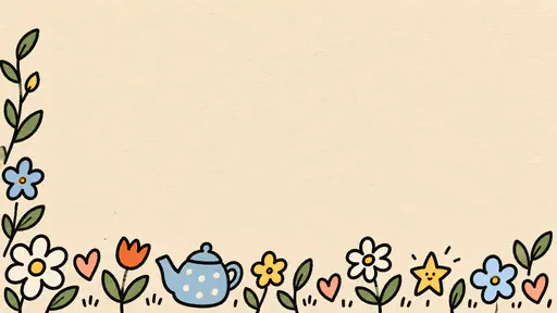 A wide warm beige paper card background with felt-tip doodled flowers, hearts, tulips, stars and a blue polka-dot teapot along the bottom edge, doodled leaves and flowers up the left edge and a large plain beige area.