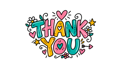 The words THANK above YOU in hand-lettered teal, pink and mustard capital letters with loose ink outlines and doodled hearts, tiny flowers, swirls and little arrows, on a transparent background.