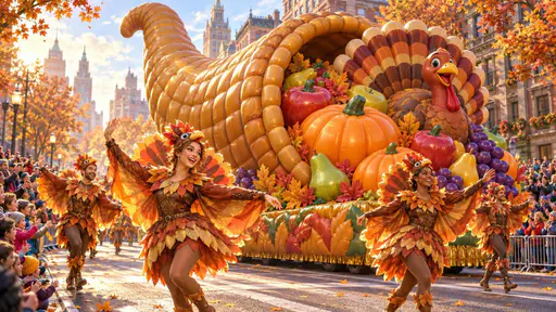 An illustrated autumn parade scene with an inflatable cornucopia float, turkey dancers and crowds on the street.