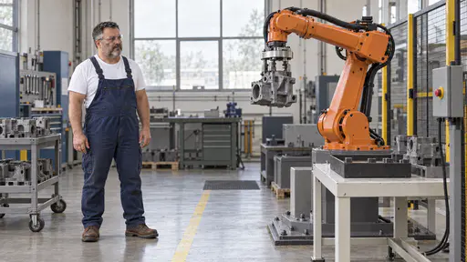 An orange robot arm lifts a heavy grey casting high above a white bench while a stocky technician in blue overalls and safety glasses stands well back behind a yellow floor line with both hands relaxed at his sides in even light.