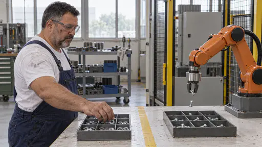 An orange robot arm drops bolts into the compartments of a divided tray on a white bench while a stocky technician in blue overalls on the other side of a yellow floor line reaches into a tray of washers in soft side light.