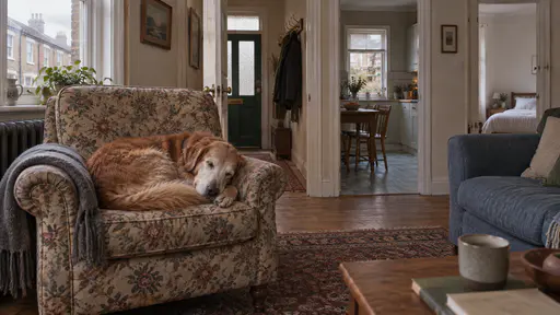 An old golden retriever with a grey-white muzzle lies curled asleep in the seat of a floral armchair, the cushion dented into the hollow of his usual curl and a folded grey blanket over one arm.