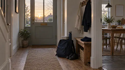 A plain navy school backpack stands upright by a front door with a lunch box and a water bottle on top beside a pair of new black school shoes and a folded jumper on a coat bench in soft golden dawn light.