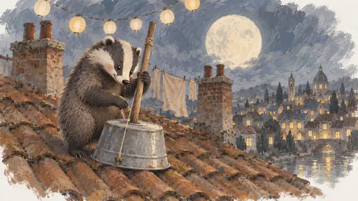 A stout striped-faced badger plucks the string of a washtub bass held upright by a broom handle on a tiled rooftop as a large pale moon rises behind two brick chimneys above a city of lit windows.