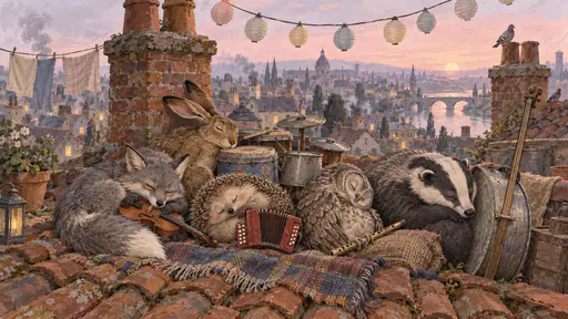 A fox, a hare, a hedgehog, an owl and a badger sleep curled together around a chimney base with a fiddle, saucepan-lid drums, an accordion, a flute and a washtub bass beside them at pale pink dawn.