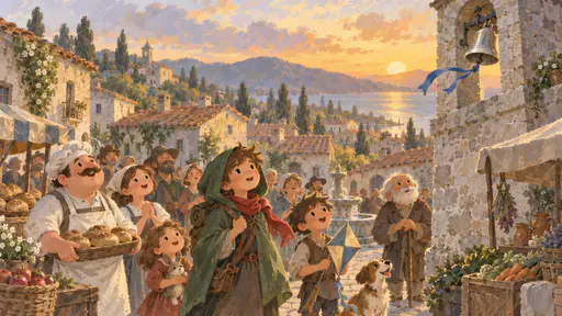 A small silver bell with a fluttering blue ribbon hangs back in its iron bracket at the top of a stone tower at sunset while in the village square below a young traveller in a green cloak and a crowd of villagers including a baker, a boy with a kite and an old man with a cane look up with delighted faces.