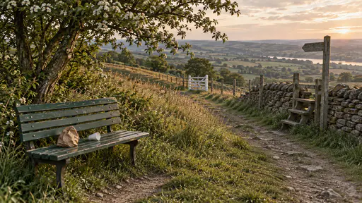 An empty green slatted bench under a hawthorn holds a crumpled paper bag and a cup on its seat beside a ridge path curving through long grass toward a distant white wooden field gate in golden evening light.