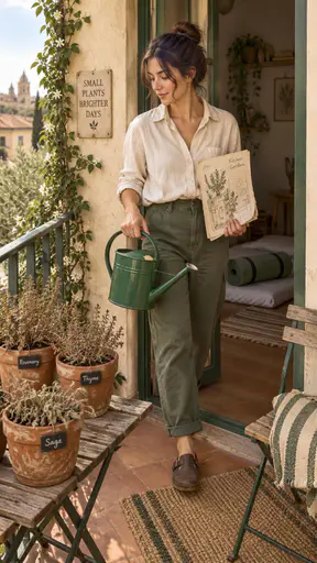 A young adult carries a chipped green watering can and folded garden sketch toward three dry herb pots on a balcony.