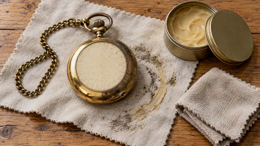 A worn brass pocket watch lies on a soft polishing cloth on a pine table with one half of its case rubbed bright and the other half dull beside a small tin of brass polish and a folded cloth in bright even light.