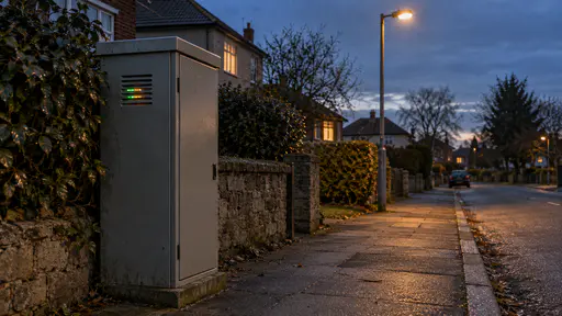 A closed grey street cabinet on a quiet suburban pavement shows a small row of steady green and amber status lights glowing through a vent slot at blue dusk beside a street lamp just switched on.