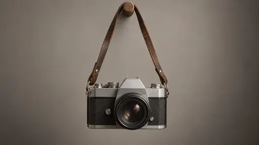 One film camera hangs upright supported by its worn creased leather strap hanging from a plain peg above it, the camera level and still against a plain background in soft even light.