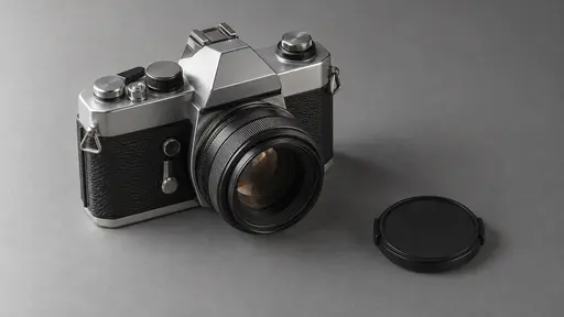 One film camera lies flat on a plain grey surface beside its detached plain lens cap resting face up a hand width away with the bare threaded lens showing in soft side light.