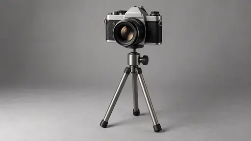 One film camera rests on a small unmarked metal tripod at medium height on a plain grey floor with its legs spread evenly and its plain head clamped tight in soft even light.