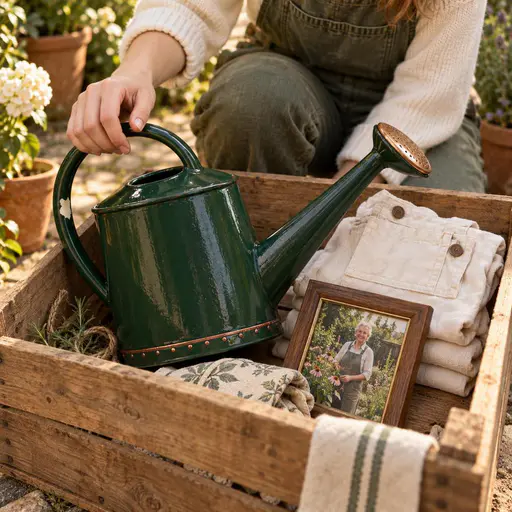A young adult holds the handle of a repaired green watering can packed beside cream clothes and a framed garden photograph.