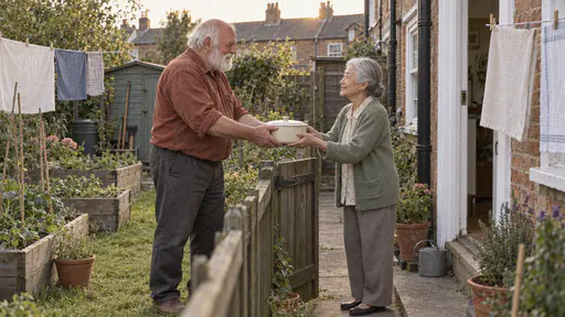 A broad man in his late sixties with a thick white beard in a rust-coloured work shirt holds out a lidded plain casserole dish with both hands at the open small gate in a low fence while a very small woman in her early eighties with silver-white hair in a low bun in a sage cardigan stands in the gateway taking it from him, her back doorstep behind her in warm evening light.