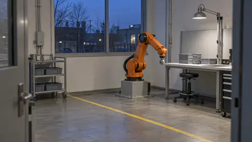 A quiet workshop cell at blue dusk has a paused orange robot arm standing on its grey base with its gripper lowered, a cleared white bench with stacked trays, a rolling cart against the wall and a work lamp over the bench.