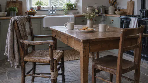 A worn oak armchair with a rush seat and a cardigan draped over its back stands at a kitchen table across from a plain chair with two steaming cups of tea and a plate of biscuits between them in soft afternoon light.