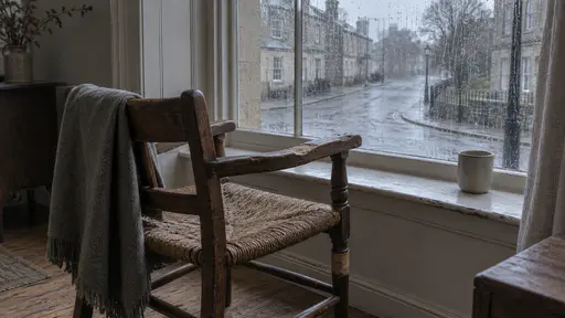 A worn oak armchair with a rush seat is pulled up close to a tall window at dawn with a folded blanket over one arm, a cold cup on the sill and a rain-streaked pane showing an empty street in grey light.