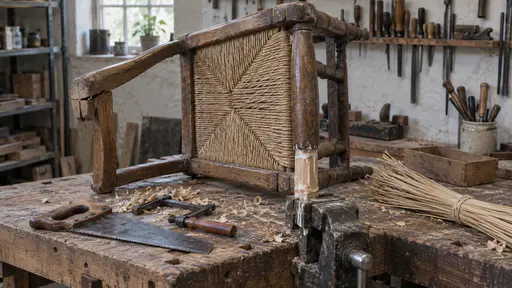 A worn oak armchair with a rush seat lies on its side on a workbench with its mended front leg clamped in a vice and a small saw, a clamp, glue and a bundle of fresh rush strands beside it in bright workshop light.