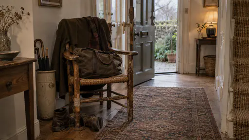 A worn oak armchair with a rush seat stands in a lit hallway with a worn travel bag dropped on its seat, a coat flung over its back and boots kicked off beside it with the front door ajar in warm evening light.