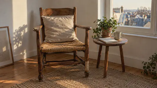 A worn oak armchair with a rush seat and a cushion stands in a sunlit corner of a new bright apartment beside a small side table with a plant, a blank notebook and a mug with rooftops through the window in low golden light.
