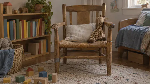 A worn oak armchair with a rush seat stands in a child's reading corner with a cushion on its seat, a toy giraffe against one arm, a low shelf of blank picture books and building blocks on a rug in warm window light.