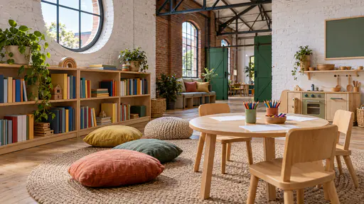 A children's room with low open shelves of picture books, a round rug with floor cushions, a small round table with paper and crayons and a wooden toy kitchen against whitewashed brick under a steel truss in bright daylight.