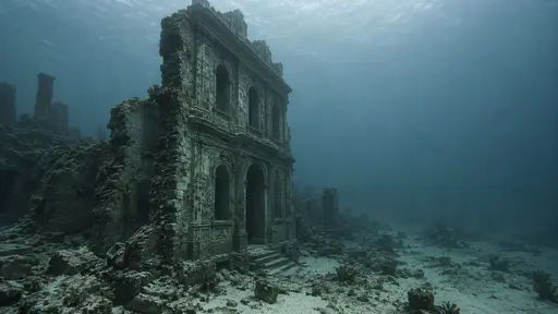 The last structures of the drowned city give way to open bare seabed with the final facade standing alone at the boundary in deep dark water.