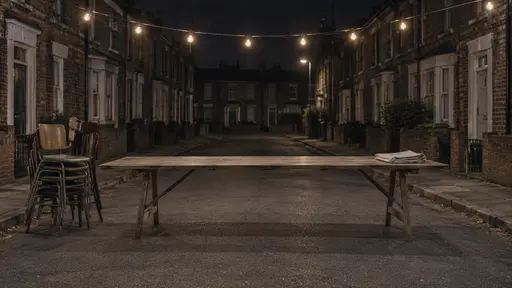 A bare wiped long wooden trestle table with a folded cloth and a neat stack of borrowed mismatched chairs stands in the middle of a quiet terraced street of dark brick houses under a string of plain warm bulbs late at night.