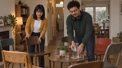 A young woman with a fringe in a mustard cardigan places the last of a circle of borrowed mismatched chairs in a cleared living room while a tall man with round glasses in a green jumper sets a jug of water on a small table in the centre in golden evening light.