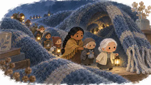 At blue dusk a procession of thumb-sized residents carries bundles and lanterns between the soft woollen folds of a giant scarf draped on a shelf, led by a very small elderly woman with a silver bun and cream cardigan holding a tiny lantern, with a Samoan woman in a mustard shawl behind her.
