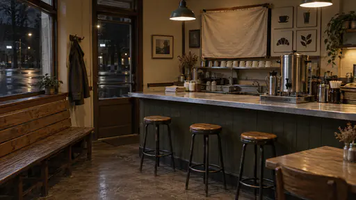 A closed zinc drink counter with white cups on the shelf, three round stools in front, a steel urn and a coat on the wall hook sits under warm pendant lamps with a wet dark street visible through the window.
