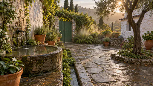 A whitewashed courtyard garden after rain with every surface damp and darker, a brim-full still stone basin, a glistening planted channel, tree pit and garden bed, a green gate and a thin mist over the ferns in soft golden evening light.