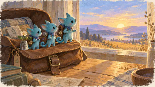 Three thumb-sized turquoise creatures with small packs stand on the edge of a leather satchel flap looking out across a wooden table toward a rising sun in the window with their bed folded behind them and a pale flower in a thimble.