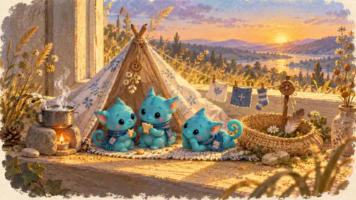 Three thumb-sized turquoise creatures sit in front of a handkerchief tent draped over two pencils beside a straw hat courtyard with a thread-line of tiny laundry and a pot of dew over a candle stub on a sunlit windowsill.