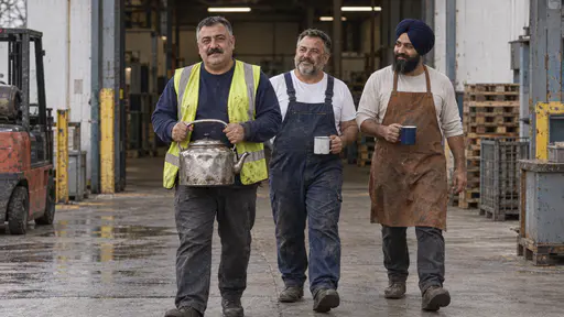 Three workers carry a large dented steel kettle and hang mugs from their fingers as they walk back through a loading bay with an open bay door and a stacked pallet behind them in low afternoon light.