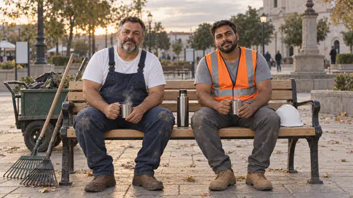 A stocky man in dark blue overalls and a broad man in an orange vest sit side by side on a freshly repaired park bench each holding a steaming mug from a steel thermos between them with their rakes and cart parked behind in warm low light.